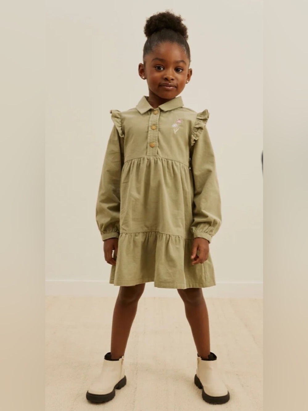 Miles the label Corduroy Ruffle Dress with Floral Accent 2 years